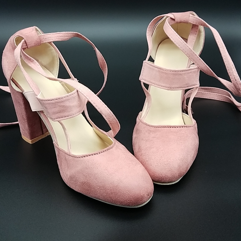 Pink suede heels with ankle ties